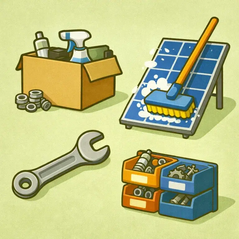 Ilustración de negocios pequeños y poco glamurosos con herramientas, repuestos y paneles solares