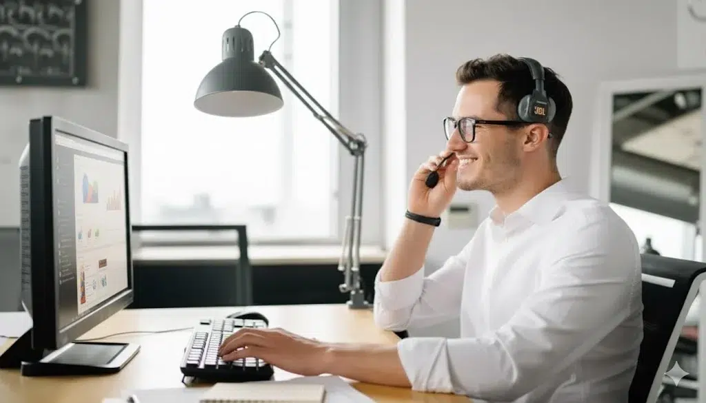 Hombre joven trabajando en un escritorio con ordenador y auriculares, sonriendo mientras atiende una llamada en una oficina luminosa. Sin empleados.
