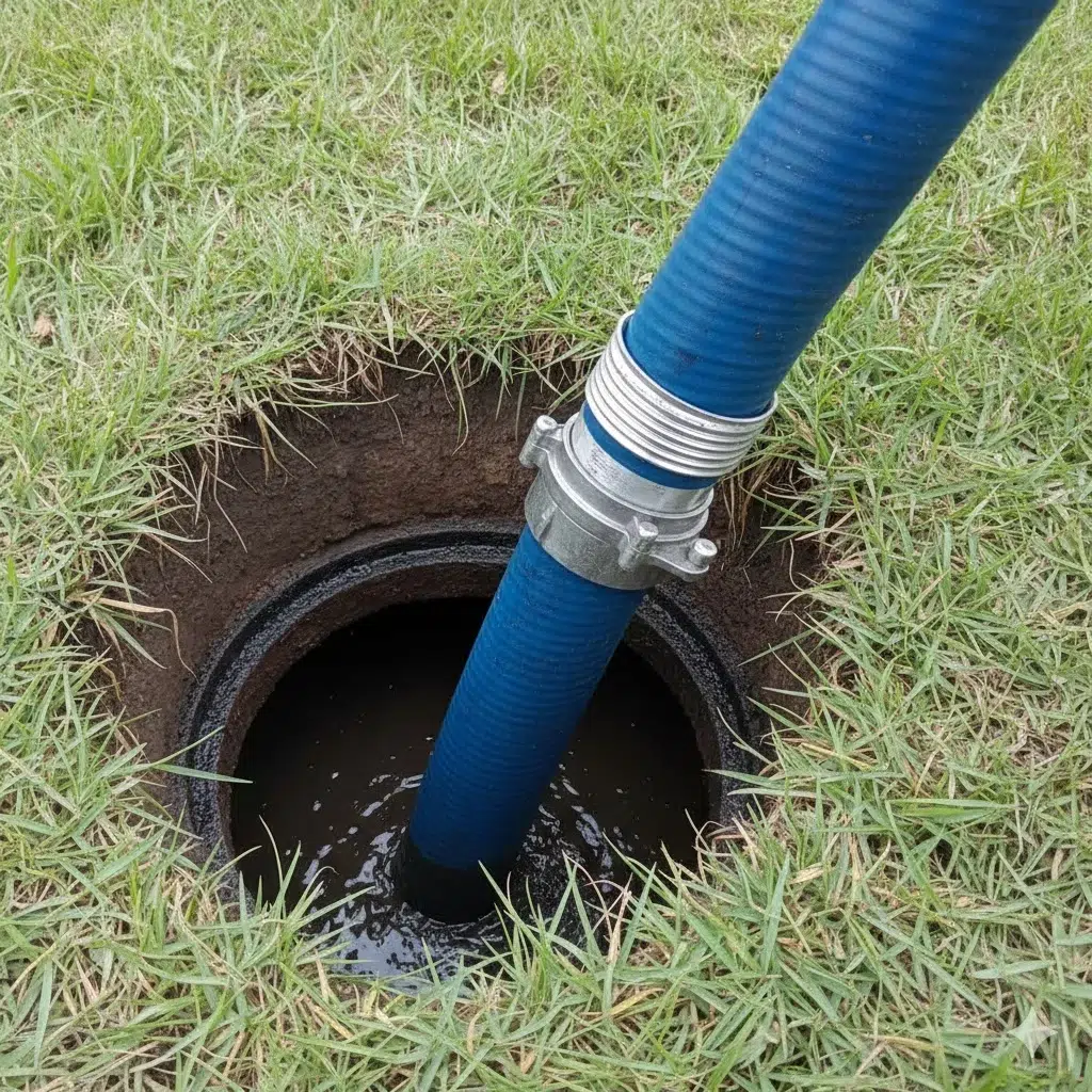 Manguera de succión azul introducida en una fosa séptica abierta en un jardín de césped para realizar labores de limpieza y vaciado.