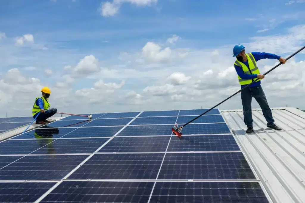Dos operarios con equipo de seguridad limpiando una instalación de paneles solares fotovoltaicos en un tejado industrial.