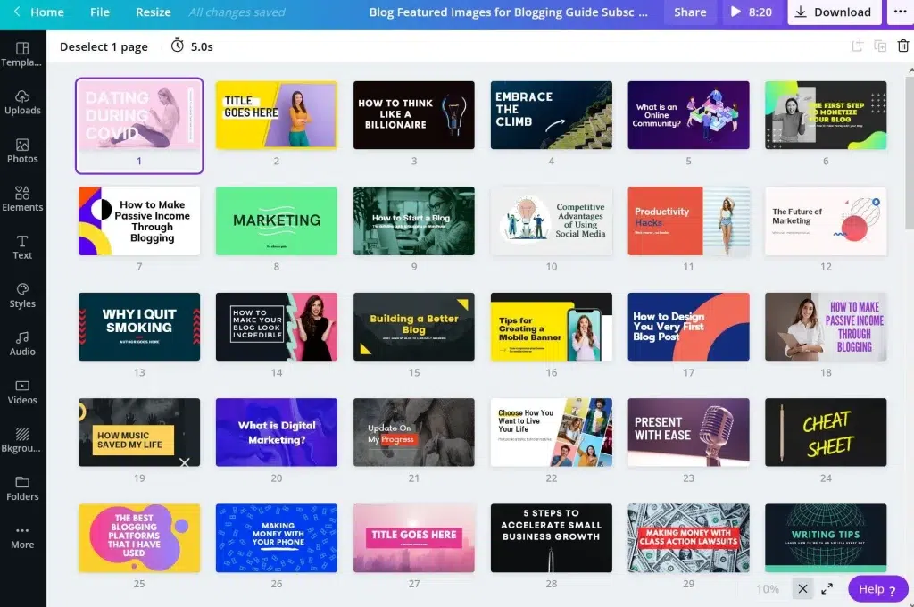 Captura de pantalla de plantillas de imágenes destacadas para blogs en Canva