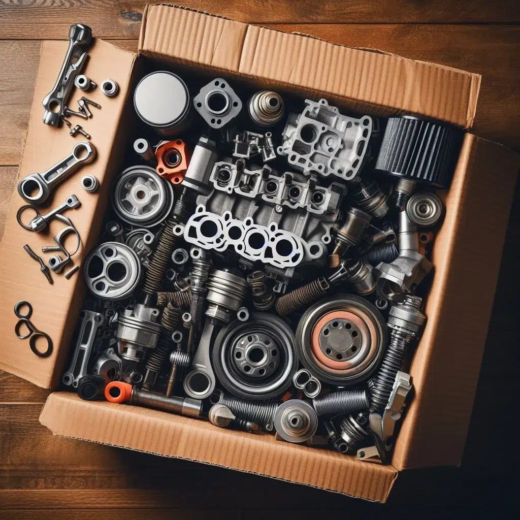 Caja de cartón abierta llena de diversos componentes mecánicos de motor, juntas, pistones y piezas de repuesto metálicas sobre una mesa de madera.